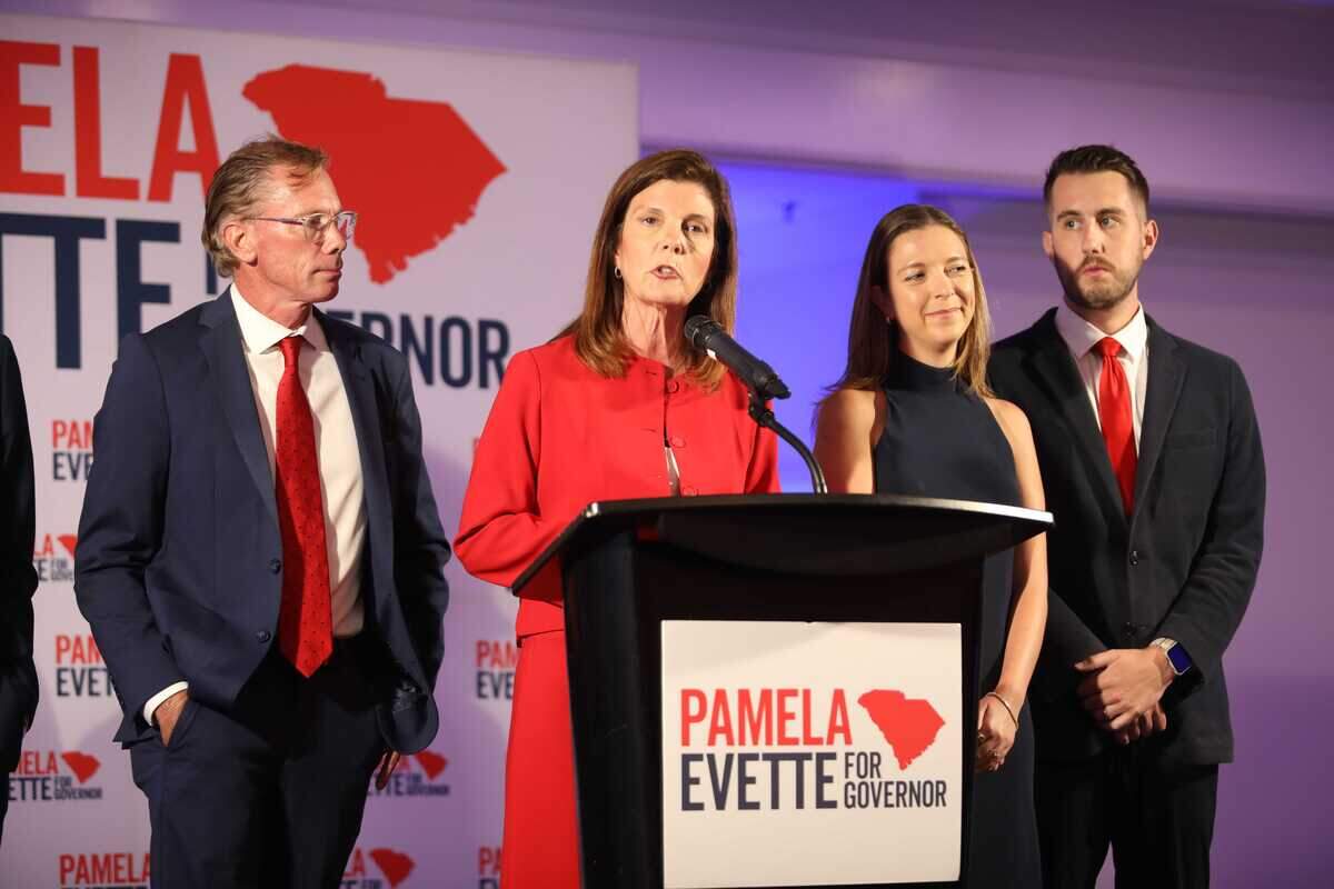 Lt. Gov. Pamela Evette addresses supporters after losing the Republican nomination for governor in Myrtle Beach on June 23, 2026.