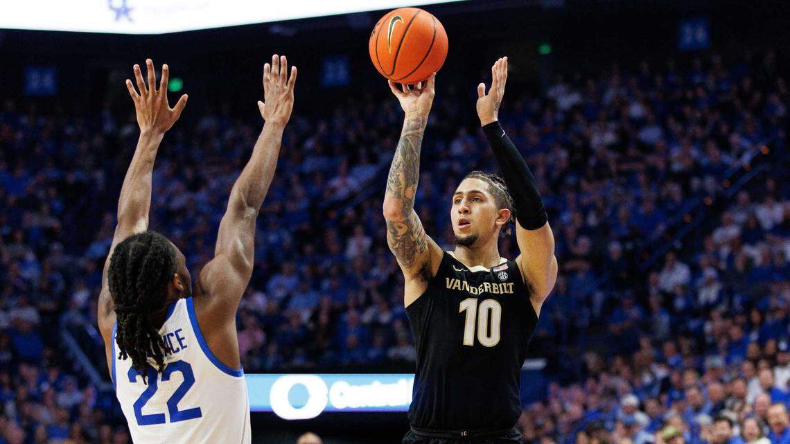 Mar 1, 2023; Lexington, Kentucky, USA; Vanderbilt Commodores forward Myles Stute (10) shoots the ball during the first half against the Kentucky Wildcats at Rupp Arena at Central Bank Center. Mandatory Credit: Jordan Prather-USA TODAY Sports