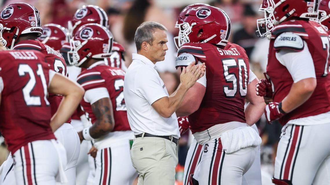 South Carolina head coach Shane Beamer watches warmups before the Gamecocks’ game against Vanderbilt at Williams-Brice Stadium in Columbia on Saturday, September 13, 2025.