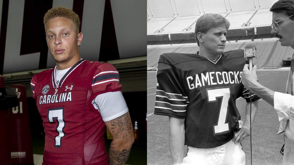 From media day: South Carolina’s Spencer Rattler (2022) and Mike Hold (1984)