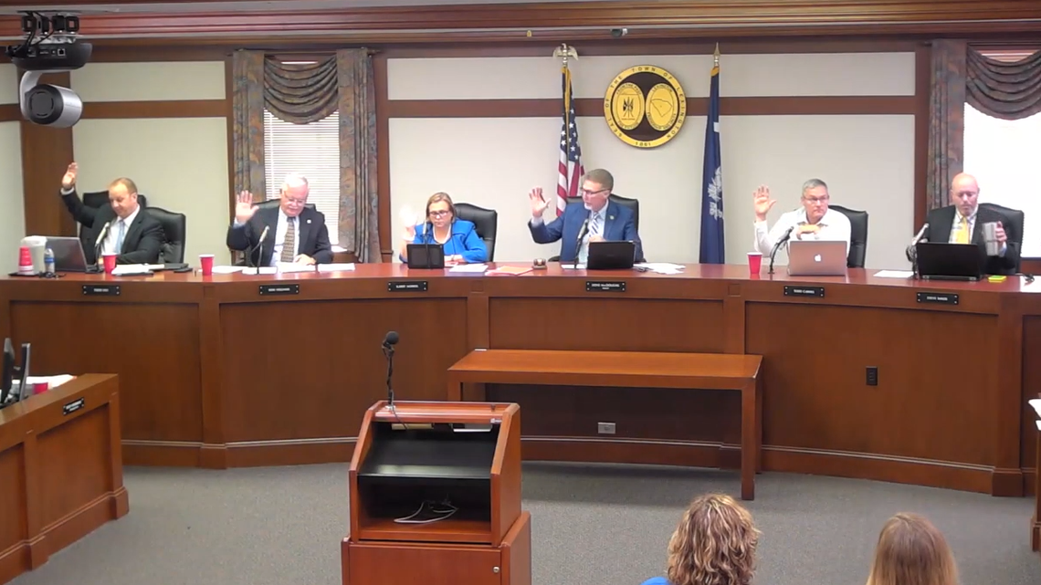 Lexington town council members vote on an item at the June 3, 2019 meeting.