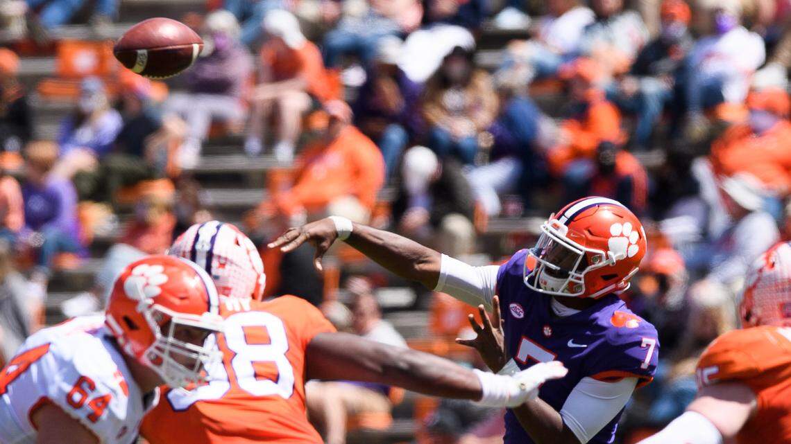 Clemson quarterback Taisun Phommachanh (7) throws the ball during their annual spring game at Memorial Stadium.