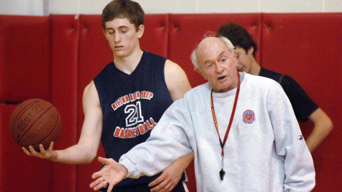 Hilton Head Prep head basketball coach Jerry Faulkner talks to his players during practice.