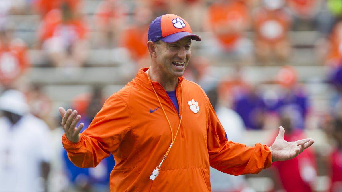  Clemson head coach Dabo Swinney walks on the field before the Clemson spring game at Memorial Stadium on Saturday April 14, 2018, in Clemson, SC.

