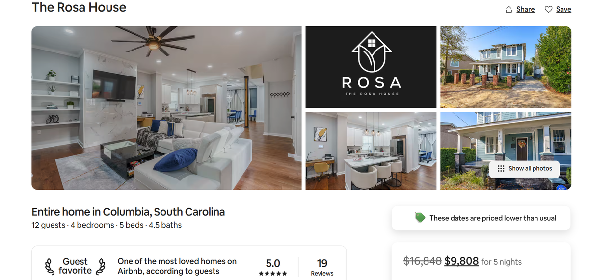 This screenshot shows an Airbnb rental in the Columbia area.