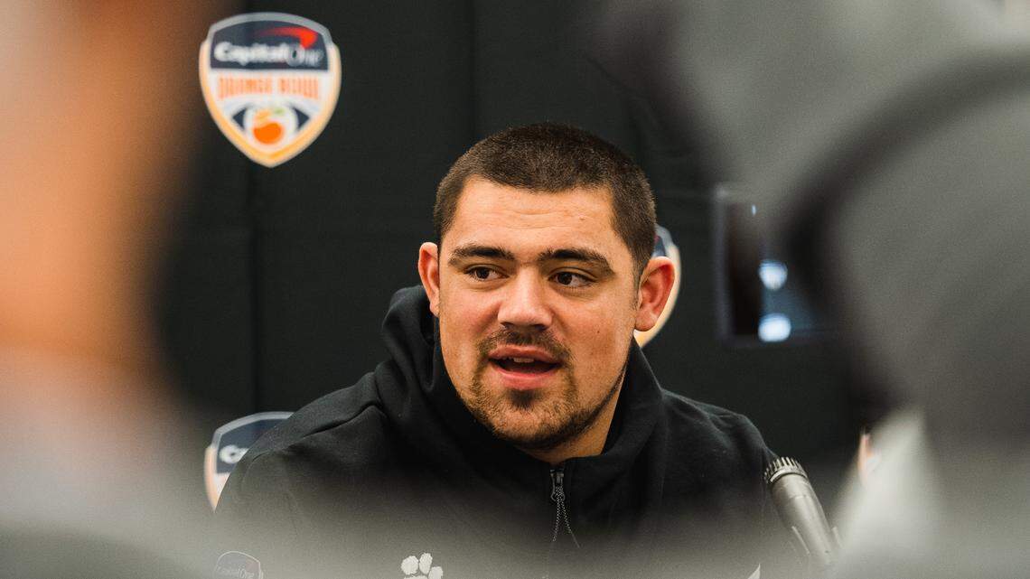 Clemson defensive tackle Bryan Bresee answers questions during an Orange Bowl media availability at the Le Méridien Hotel in Dania Beach, Florida, on Dec. 28, 2022.