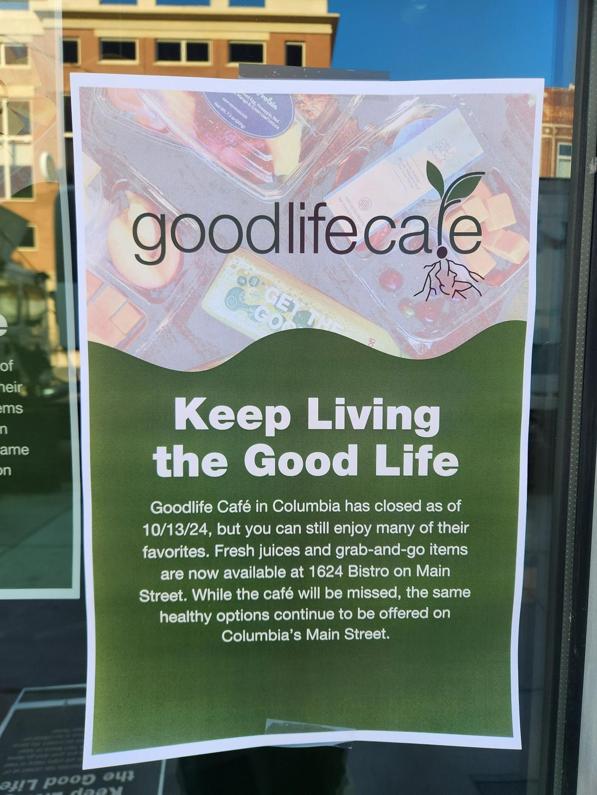 A sign hangs in the window at Good Life Cafe on Taylor Street notifying customers of the cafe’s closure.