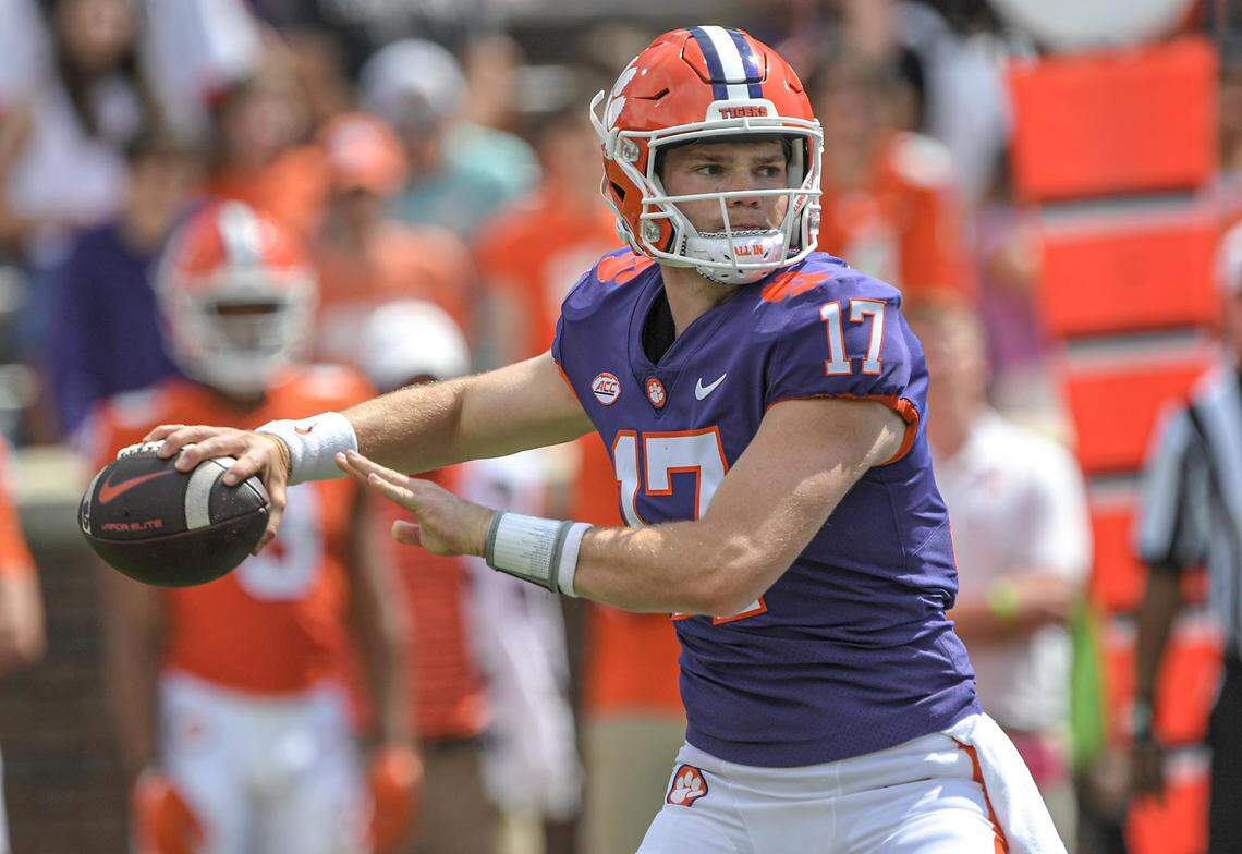 April 15, 2023; Clemson, SC , USA; Clemson quarterback Christopher Vizzina (17) during the fourth quarter the annual Orange and White Spring game at Memorial Stadium in Clemson, S.C. Saturday, April 15, 2023. Mandatory Credit: Ken Ruinard-USA TODAY NETWORK