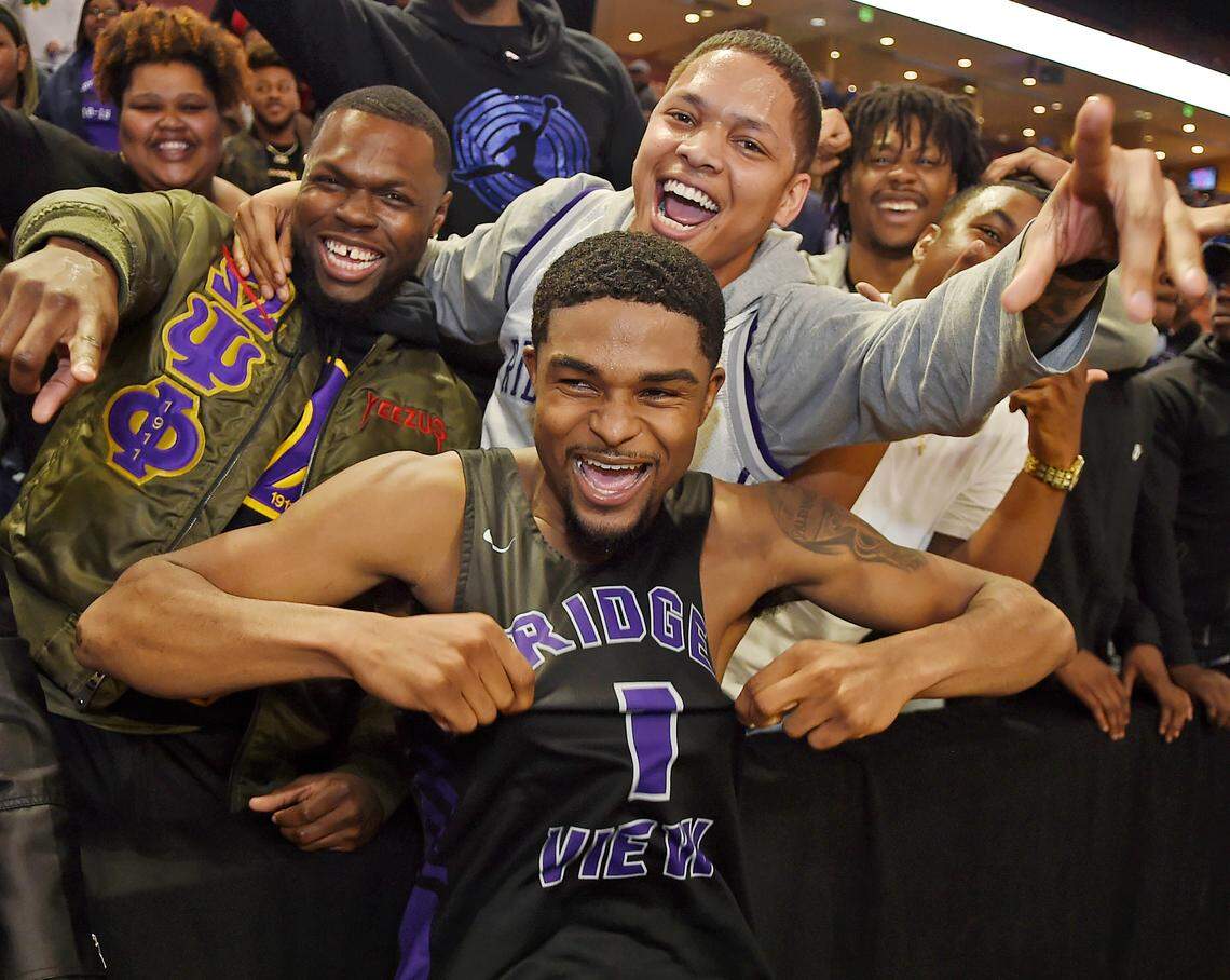 Ridge View’s Walyn Napper (1) celebrates with the fans. Ridge View faced Wren in the Class 4A Boys Upper State championship game on Feb. 22, 2019 at the Bon Secours Wellness Arena in Greenville. GWINN DAVIS / For The State