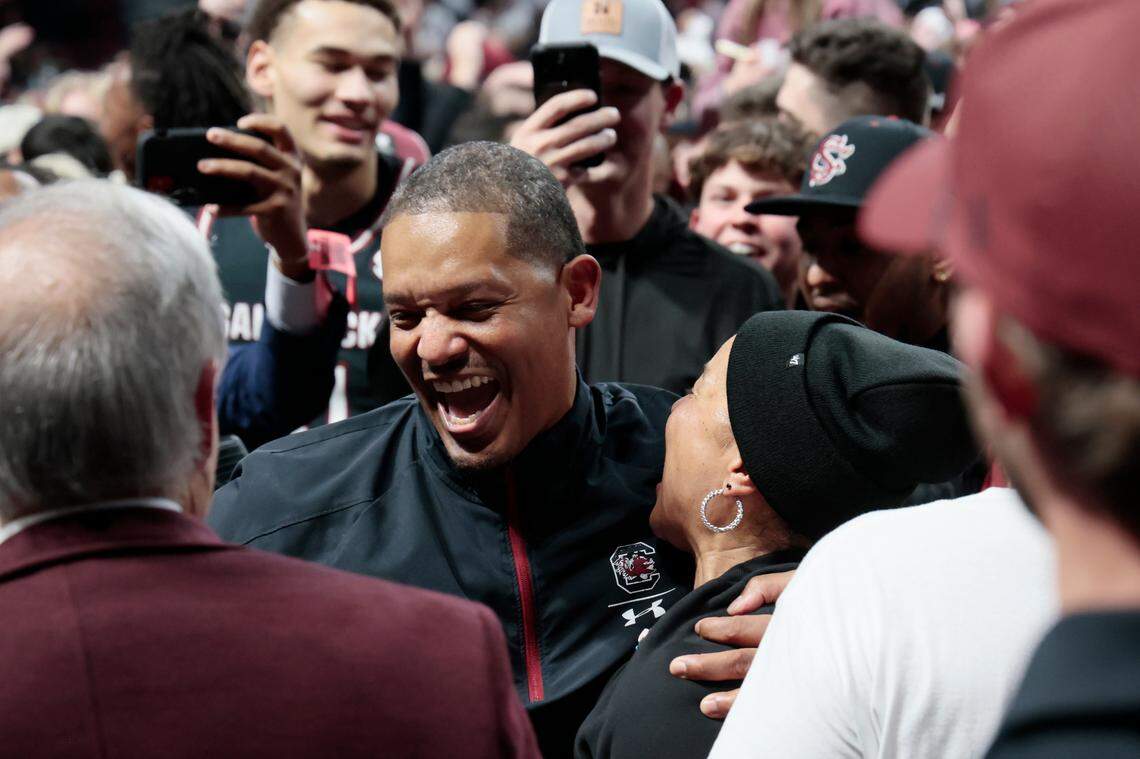 Lamont Paris celebrates at Colonial Life Arena after South Carolina’s upset win over Kentucky.