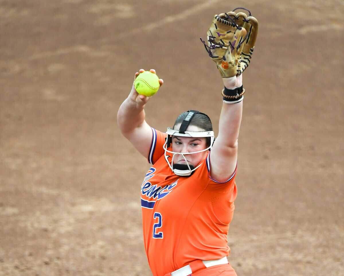 Clemson senior Brooke McCubbin (2) pitches in relief against USC Upstate during the top of the third inning of the NCAA Softball Tournament Clemson Regional at McWhorter Stadium in Clemson Friday, May 16, 2025.