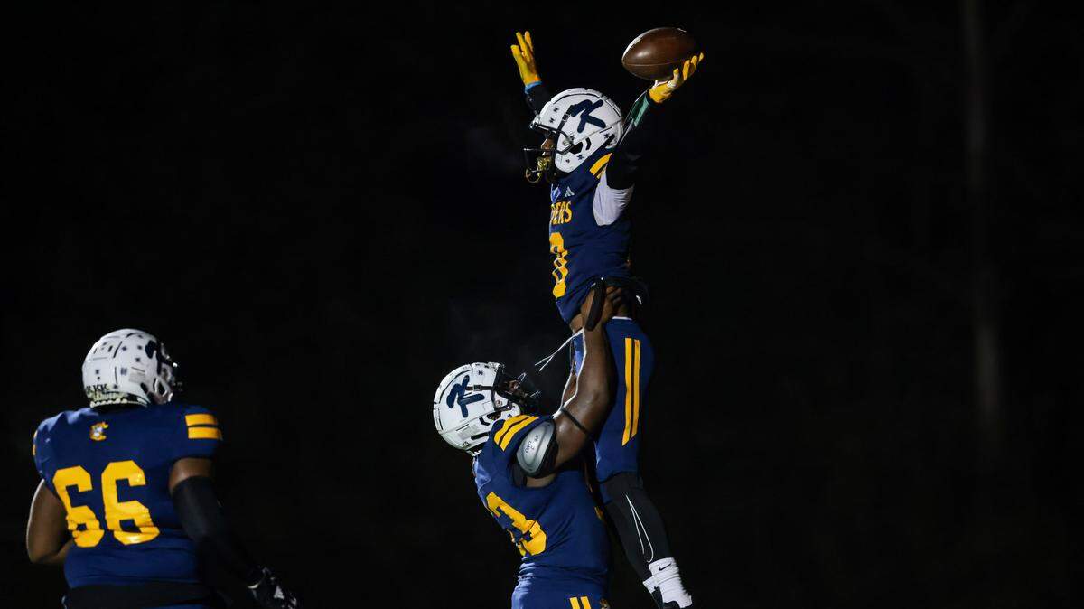 Nykeim McNeil (10) of Keenan celebrates a score during the first half of Keenan’s game against North Charleston in the first round of Class 3A playoffs in Columbia on Friday, November 15, 2024.