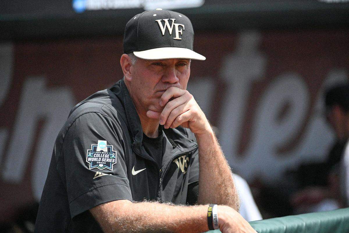 Jun 17, 2023; Omaha, NE, USA; Wake Forest Demon Deacons head coach Tom Walter looks on before a game against the Stanford Cardinal at Charles Schwab Field Omaha.
