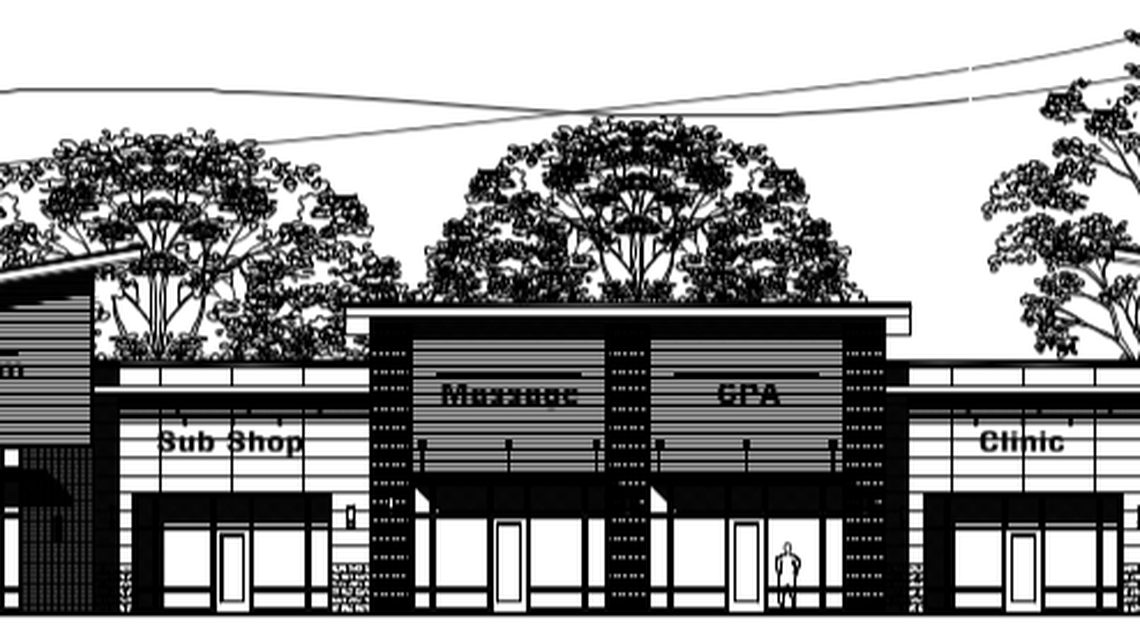 A rendering of Spears Creek Plaza, a new business plaza proposed for Elgin’s growing I-20 corridor.