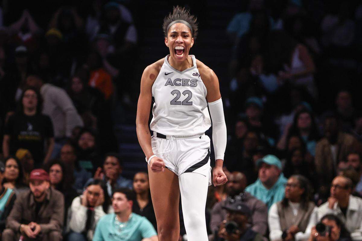 Oct 1, 2024; Brooklyn, New York, USA; Las Vegas Aces center A’ja Wilson (22) celebrates after scoring in the fourth quarter against the New York Liberty during game two of the 2024 WNBA Semi-finals at Barclays Center.