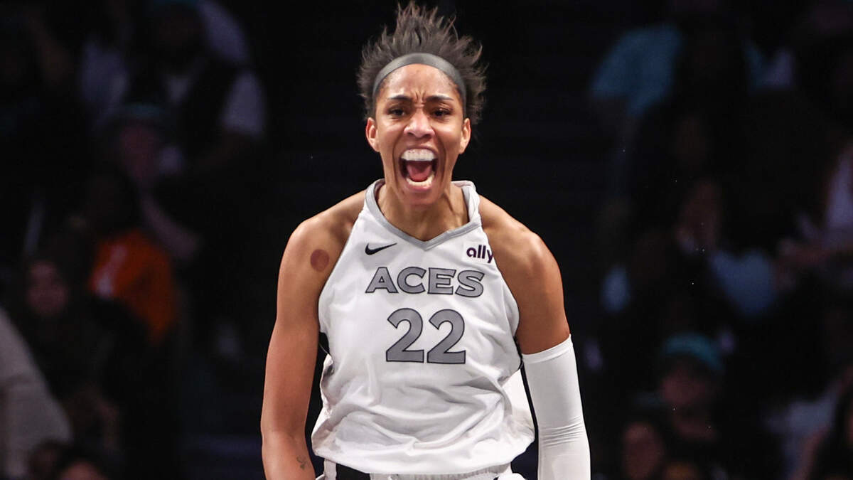 Oct 1, 2024; Brooklyn, New York, USA; Las Vegas Aces center A’ja Wilson (22) celebrates after scoring in the fourth quarter against the New York Liberty during game two of the 2024 WNBA Semi-finals at Barclays Center.