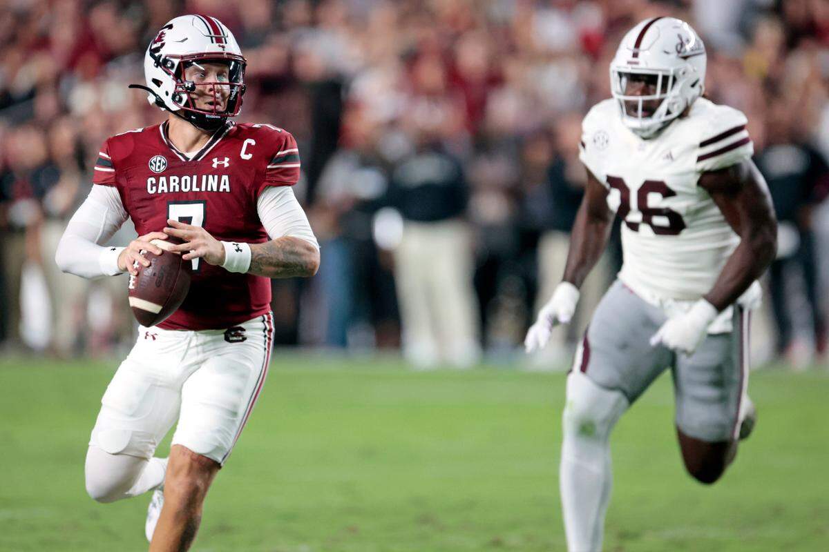 South Carolina quarterback Spencer Rattler (7) plays Mississippi State on Saturday, September 23, 2023.