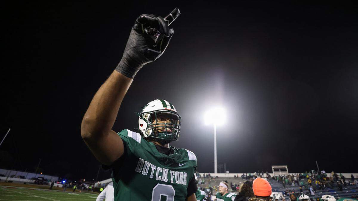 Julian Walker (8) of Dutch Fork celebrates his team’s win following the SCHSL Class 5A Division I championship game between Dutch Fork and Summerville at Oliver C. Dawson Stadium in Orangeburg on Saturday, December 6, 2025.