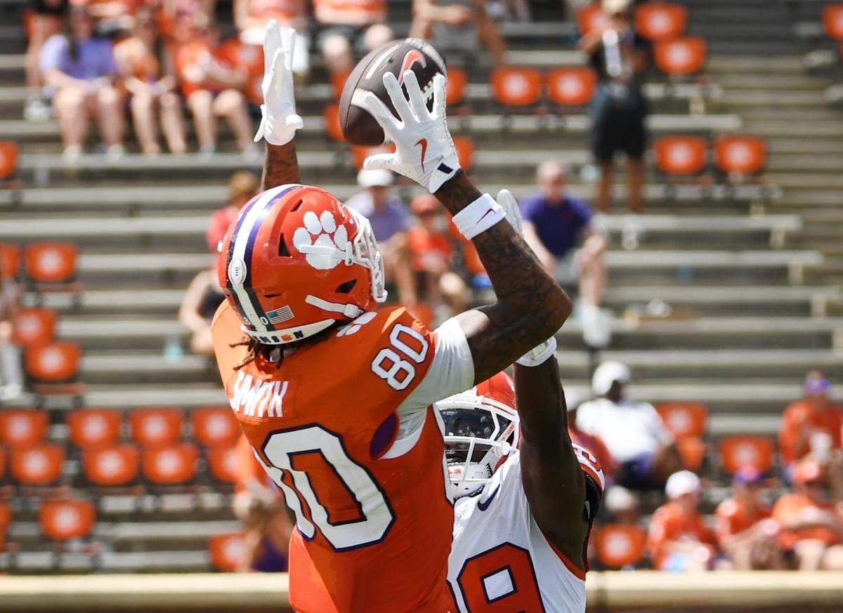 The Clemson Tigers football annual Orange and White Spring game was held on April 5, 2025, at Memorial Stadium in Clemson, South Carolina. Clemson receiver Tristan Smith (80) pulls down a ball.