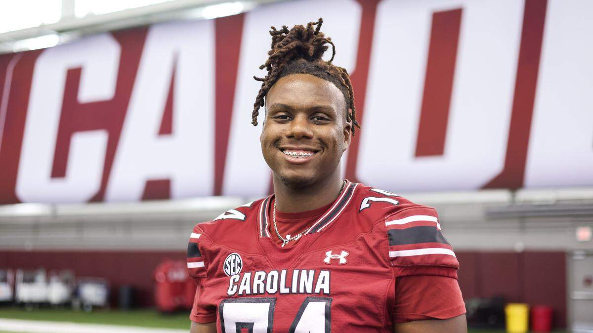 South Carolina offensive lineman Josiah Thompson (74) is seen during Media Day in Columbia on Thursday, July 31, 2025.