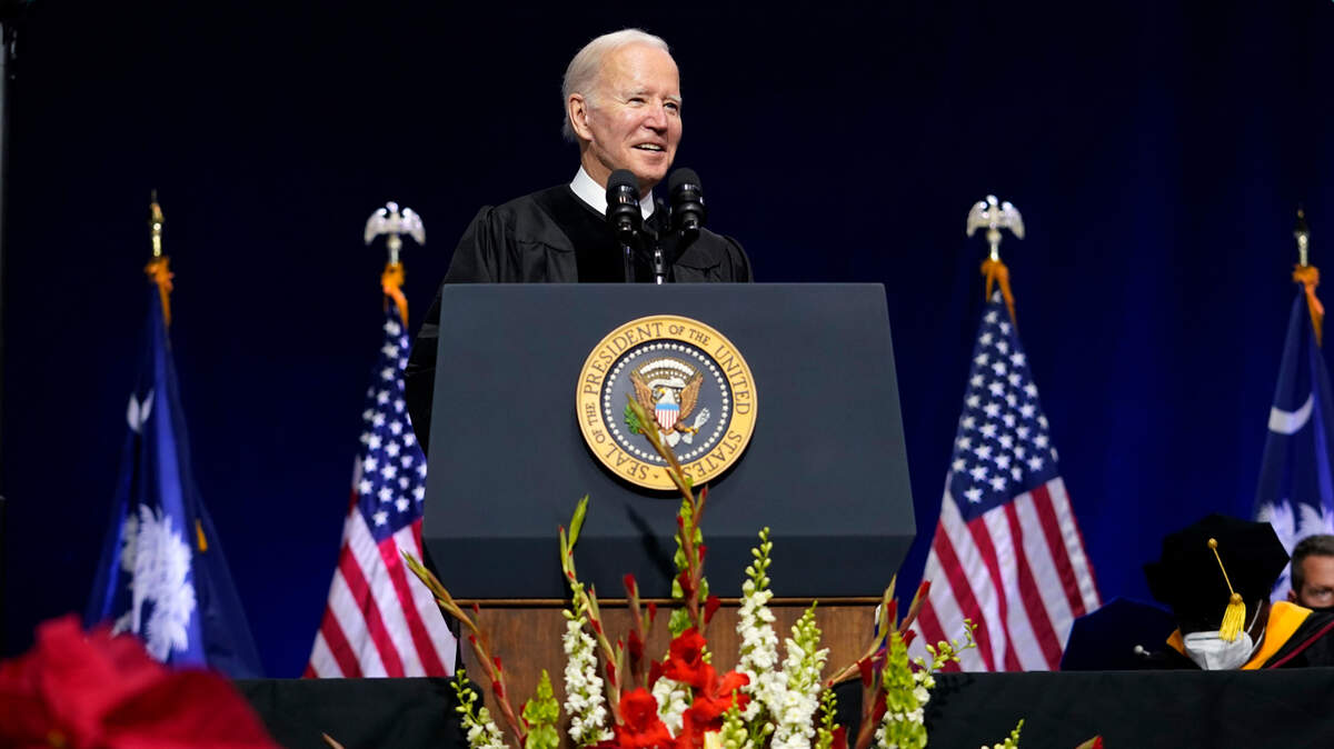 President Joe Biden delivers the keynote address at the South Carolina State University’s 2021 Fall Commencement Ceremony in Orangeburg, S.C., Friday, Dec. 17, 2021.(AP Photo/Carolyn Kaster)