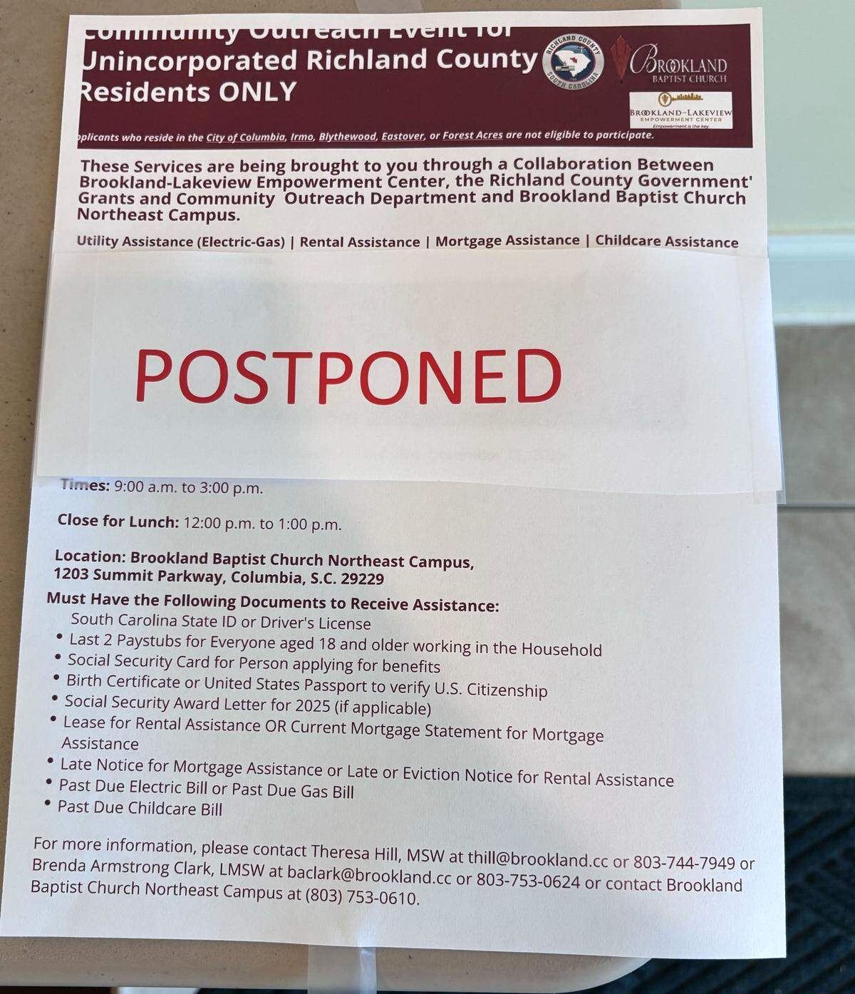 A financial assistance outreach event had been scheduled for Dec. 10 and 11 at Brookland Baptist Northeast church, but it was canceled on short notice when the money for the assistance program fell through.