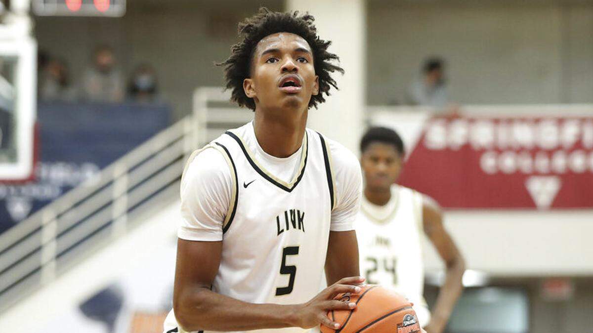 Link Academy’s Julian Phillips takes a free throw against Prolific Prep during a high school basketball game at the Hoophall Classic, Monday, January 17, 2022, in Springfield, MA