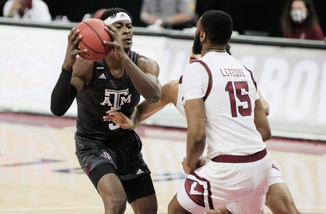Texas A&M Aggies forward Emanuel Miller (5) prepares to shoot against the South Carolina Gamecocks at Colonial Life Arena on Wednesday, January 6, 2021.