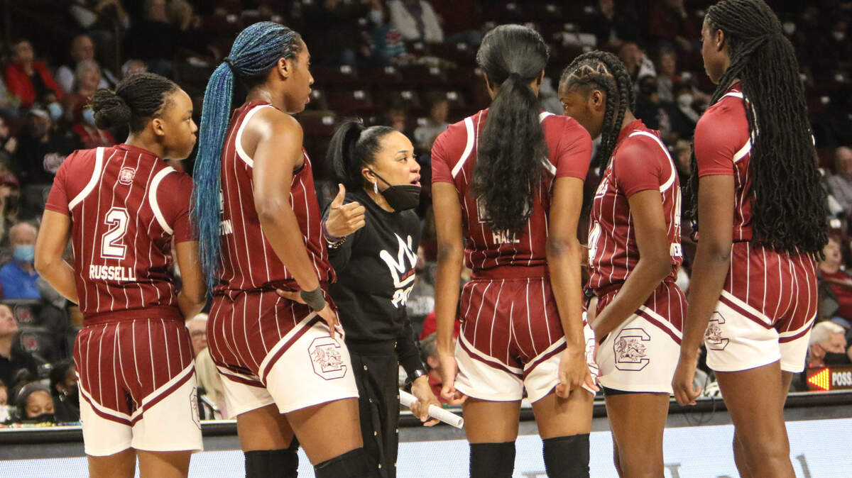 University of South Carolina Head Coach Dawn Staley talks to the team during the second half of action against Vanderbilt on Monday Jan, 24, 2022 in the Colonial Life Arena.