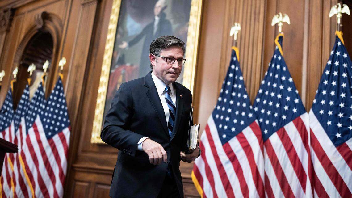 Speaker of the House Mike Johnson (R-LA) concludes a news conference in the U.S. Capitol on the seventh day of the government shutdown, Oct. 7, 2025, in Washington, D.C. (Tom Williams/CQ Roll Call/Zuma Press/TNS)