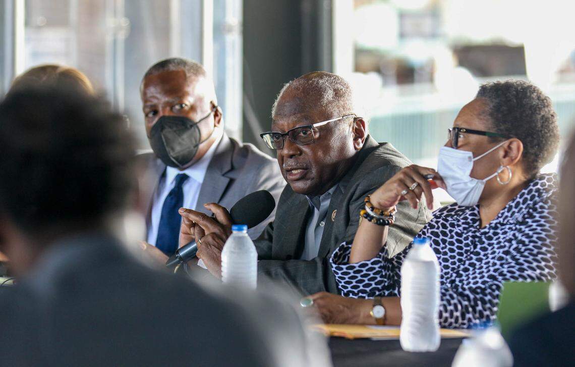 U.S. Congressman Jim Clyburn speaks during a roundtable discussion held outdoors at Segra park on Monday, August 30, 2021.