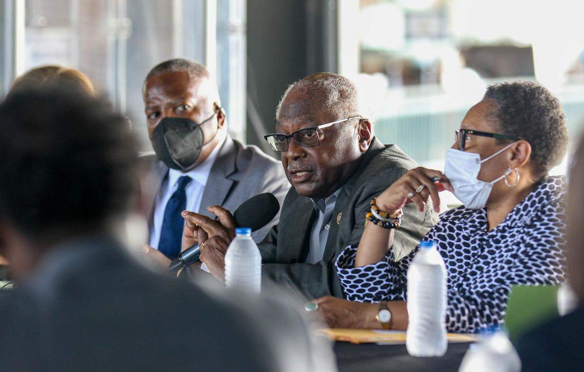 U.S. Congressman Jim Clyburn speaks during a roundtable discussion held outdoors at Segra park on Monday, August 30, 2021.