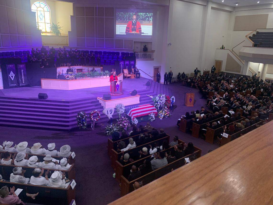 The Rev. Michael Ross of the New Ebenezer Baptist Church, presides over the funeral of state Sen. John Scott at the Bible Way Church of Atlas Road in Columbia on Saturday, Aug. 19, 2023.