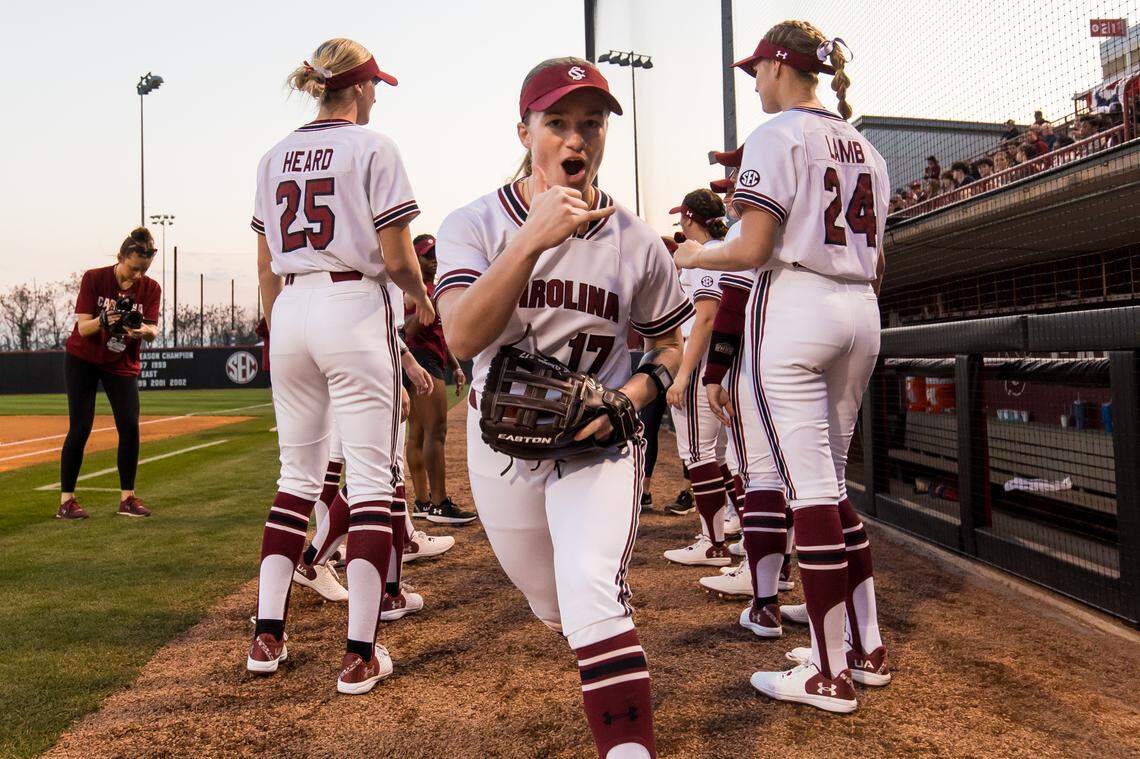 South Carolina Gamecocks Emily Vinson (17) is introduced before the game against the Virginia Cavaliers at Carolina Softball Stadium in Columbia, SC, 2/6/25.