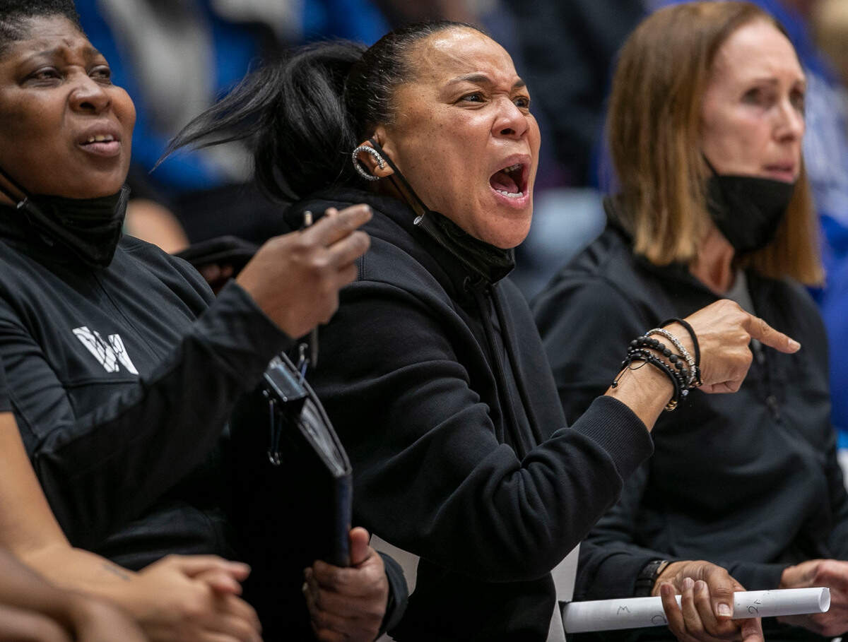 South Carolina coach Dawn Staley directs her team on offense during the third quarter against Duke on Wednesday, December 15, 2021 at Cameron Indoor Stadium in Durham, N.C.