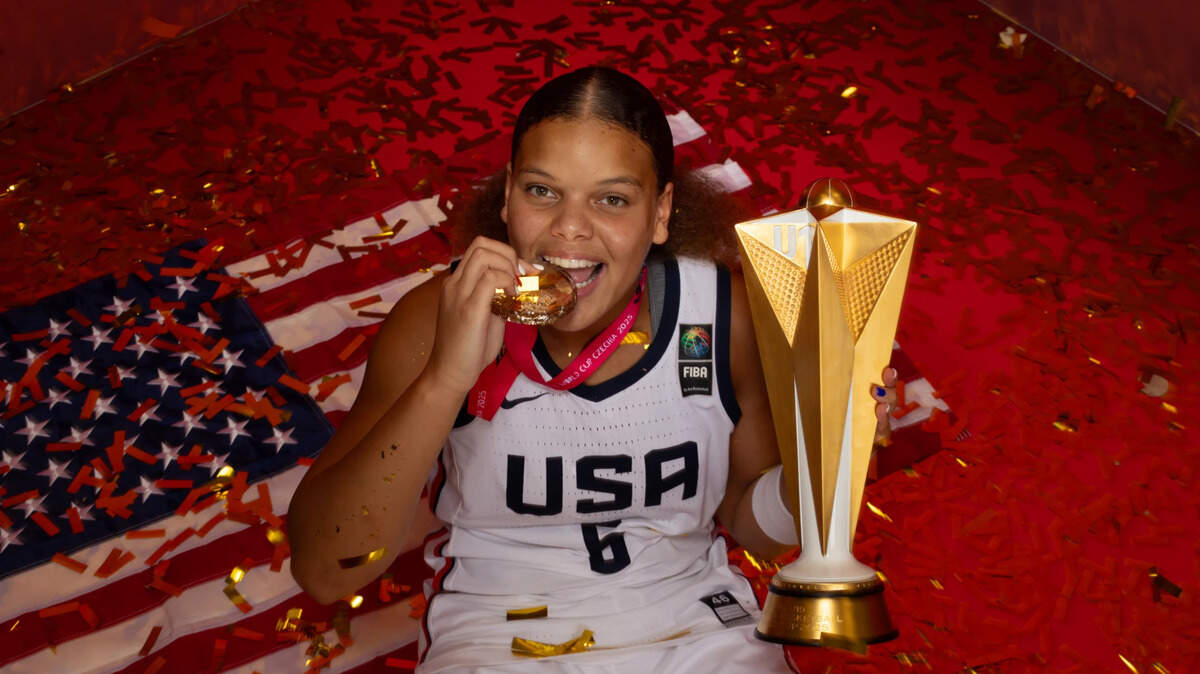 Incoming South Carolina WBB five-star freshman Jerzy Robinson is shown celebrating a gold medal with USA Basketball.