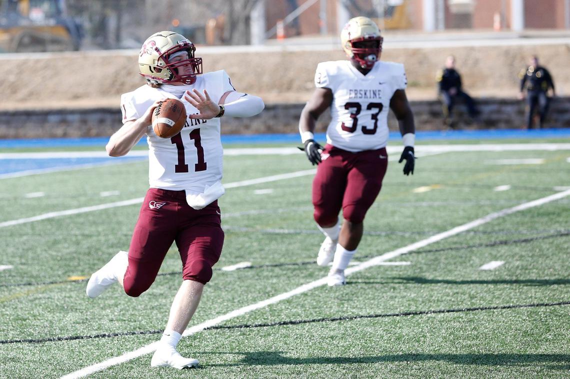 Erskine quarterback Craig Pender (11) throws a pass in the second quarter against Barton.