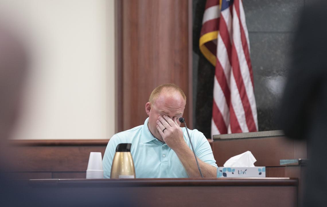 Saxe Gotha Elementary School teacher Jonathan Stone wipes his eyes while talking about his former student, Nahtahn Jones, 6, during the sentencing phase of the trial of Tim Jones in Lexington. Jones was found guilty of killing Nahtahn and his four other children in 2014. 6/7/19
