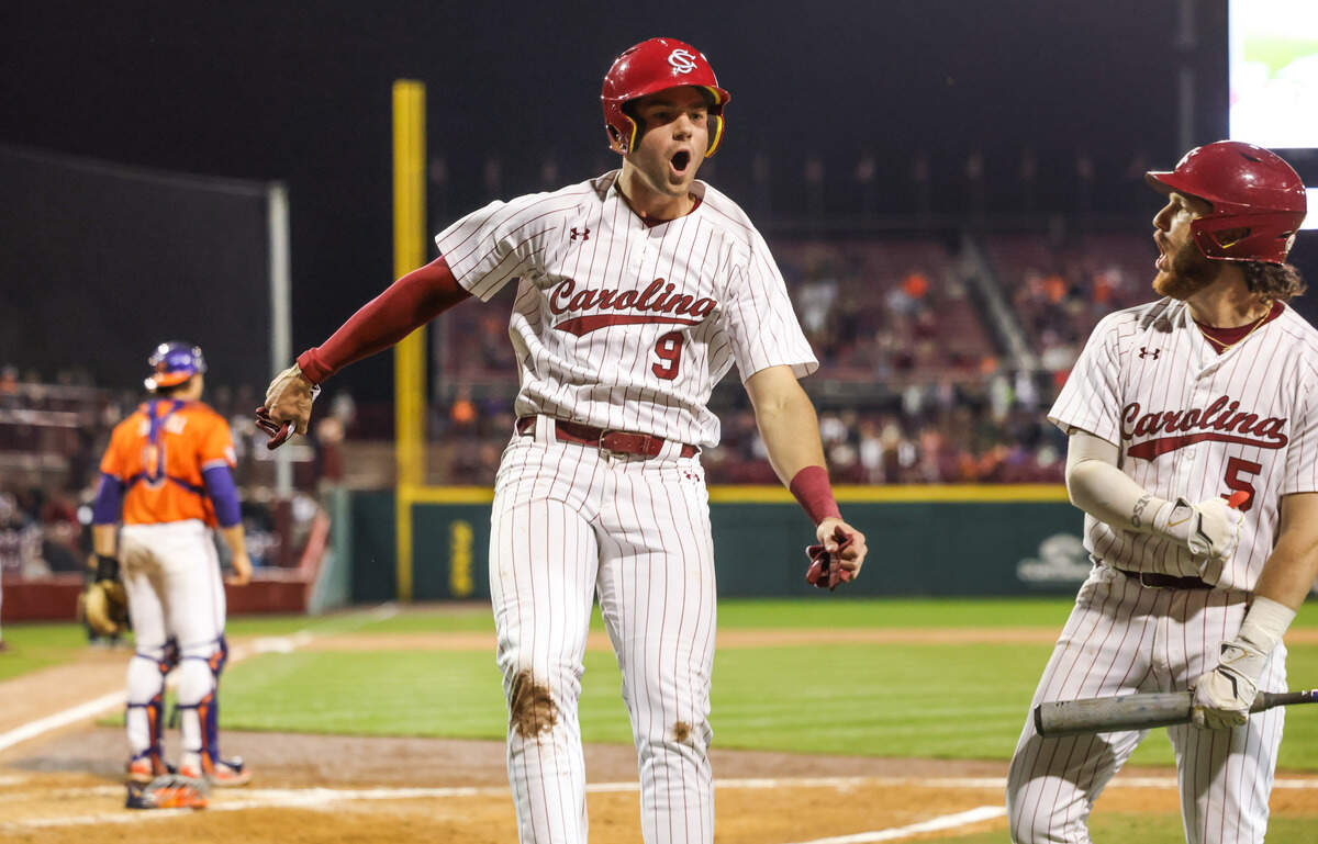 South Carolina infielder Will Craddock (9) celebrates after scoring during South Carolina’s game against Clemson in Columbia on Friday, February 27, 2026.
