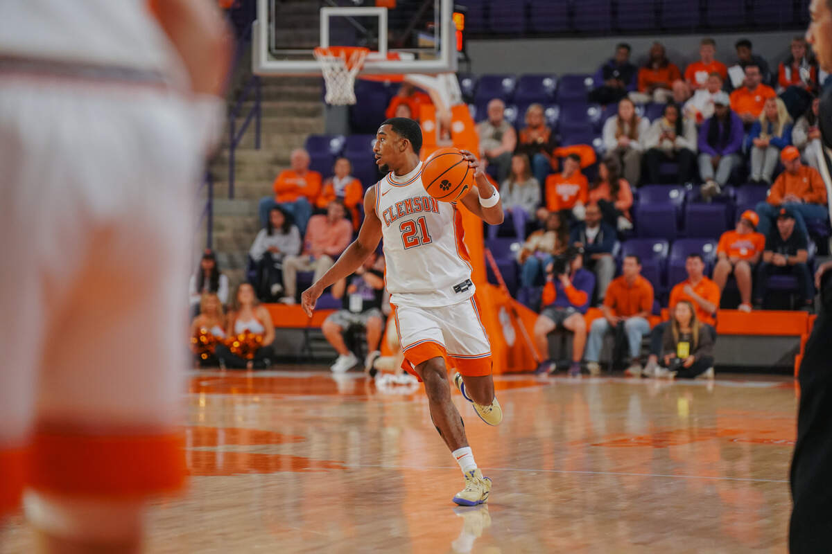 Clemson basketball’s Ace Buckner dribbles Monday in the Tigers’ season opening-win over New Hampshire at Littlejohn Coliseum.