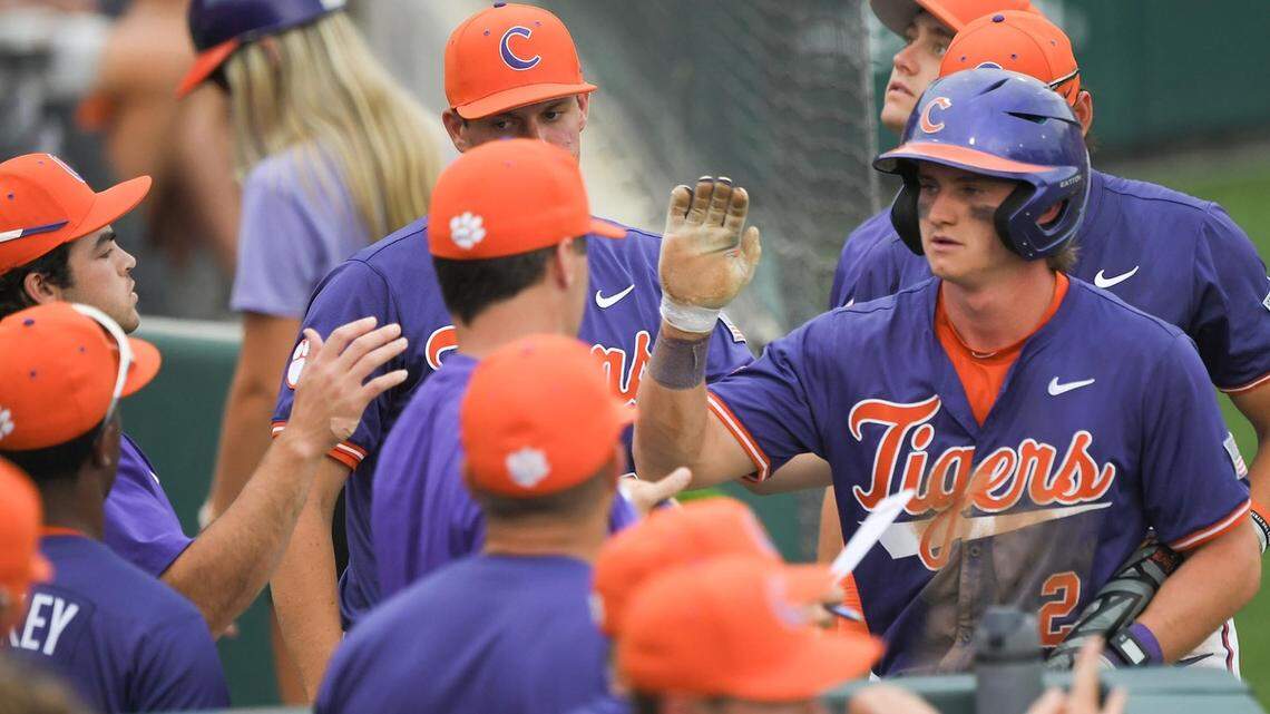 Clemson’s Nolan Nawrocki (2) scores during the bottom of the seventh inning of game 2 at Doug Kingsmore Stadium in Clemson Friday, May 3, 2024.