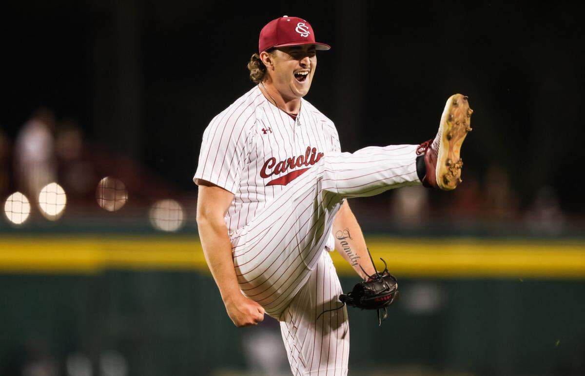 South Carolina pitcher Brandon Stone (32) reacts following the Gamecocks’ win over Ole Miss at Founders Park in Columbia on Thursday, April 17, 2025.