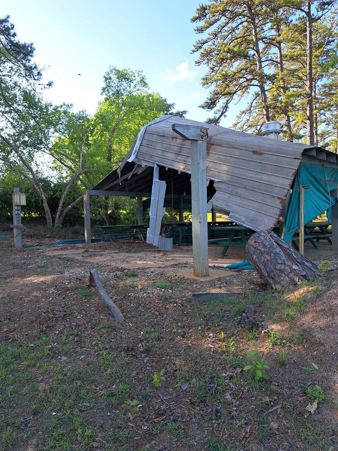 A picnic shelter on Lake Murray’s Pine Island was damaged by high winds from Hurricane Helene last fall. Repair work has delayed the opening of a new state park.