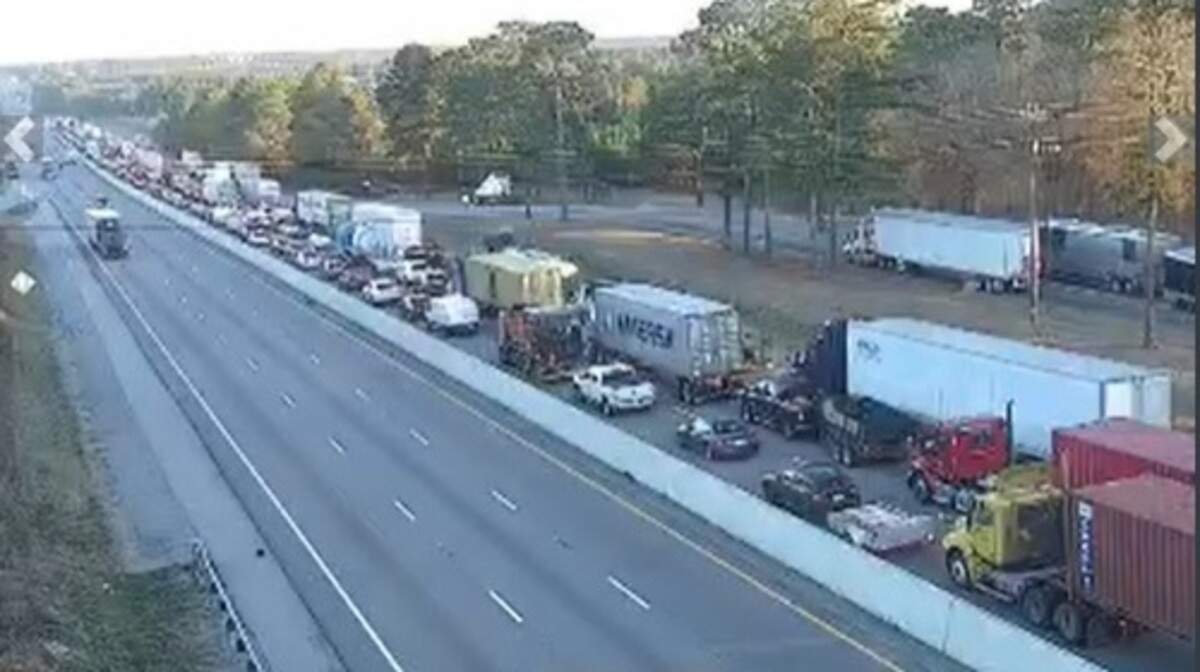 Traffic is backed up as all lanes of westbound I-26 are blocked on Friday, Dec. 3.