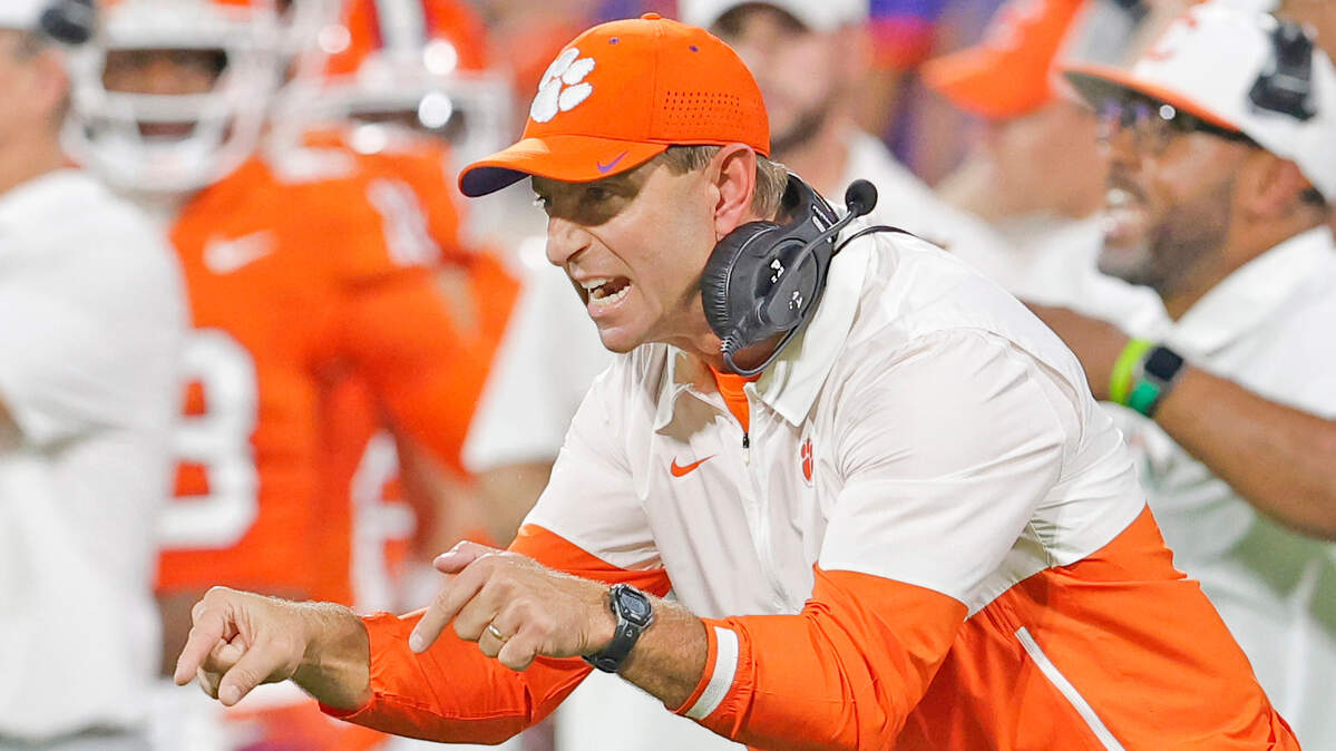 Clemson head coach Dabo Swinney talks to his team during the game against Stanford in Clemson, S.C. on Saturday, Sept. 28, 2024.