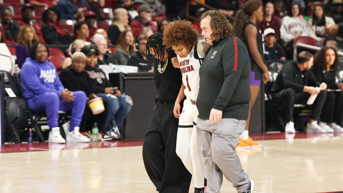 South Carolina's Maddy McDaniel (1) is helped off the court during the second half of action of their women's basketball game against Grand Canyon at Colonial Life Arena on Monday, Nov. 3, 2025.