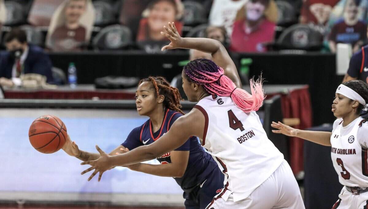 South Carolina Gamecocks forward Aliyah Boston (4) pressures Ole Miss guard Mimi Reid (2) during the second half of action at the Colonial Life Arena in Columbia, S.C.