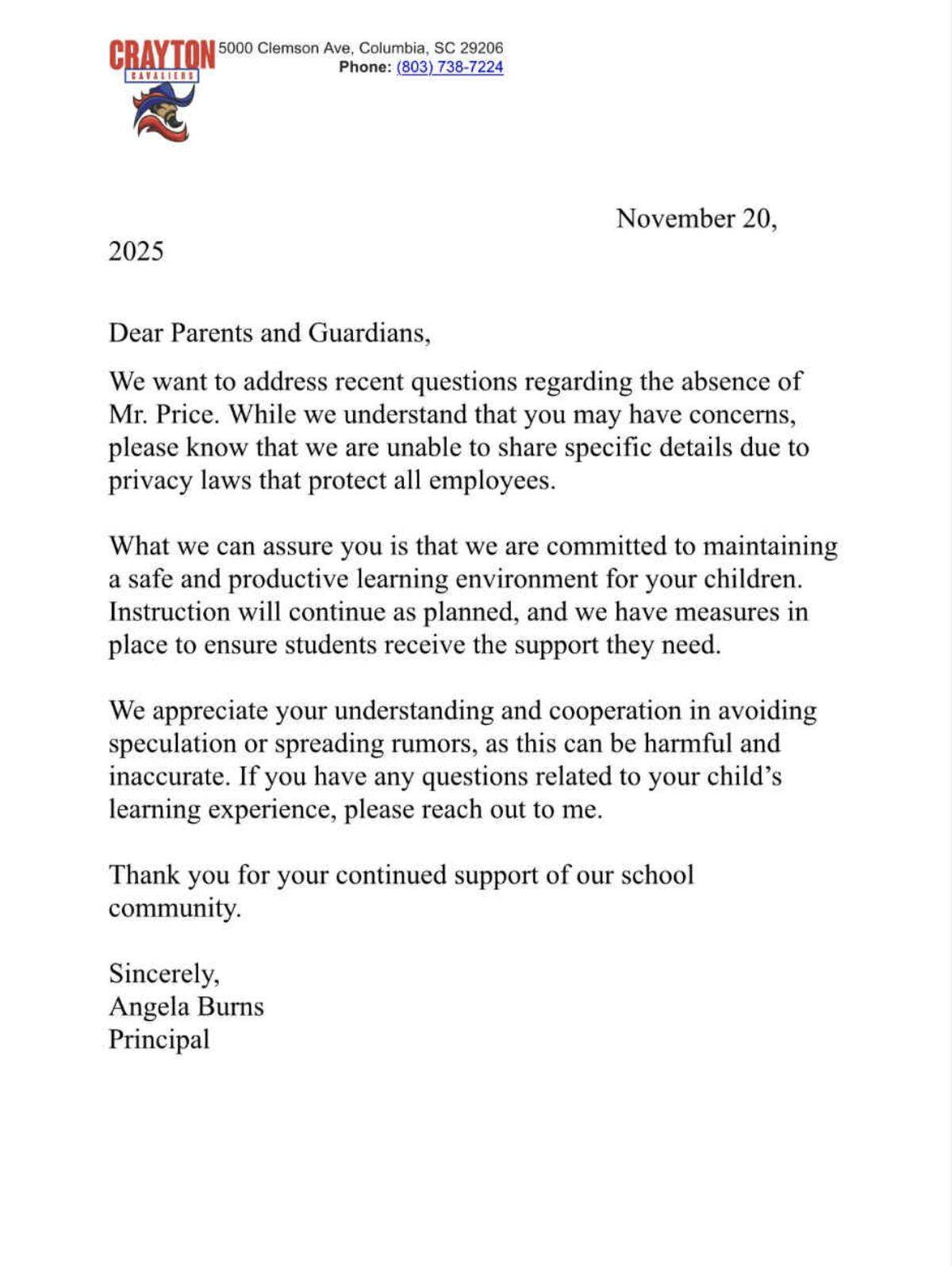 A message from Crayton Middle School Principal Angela Burns to parents, dated Nov. 20, 2025.
