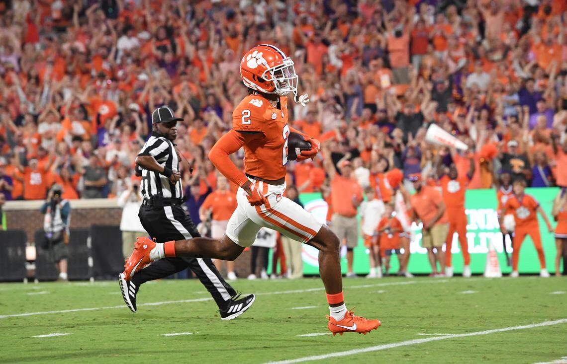 Sep 16, 2023; Clemson, South Carolina; Clemson cornerback Nate Wiggins (2) returns an interception for a touchdown during the first quarter against Florida Atlantic at Memorial Stadium. Mandatory Credit: Ken Ruinard-USA TODAY NETWORK