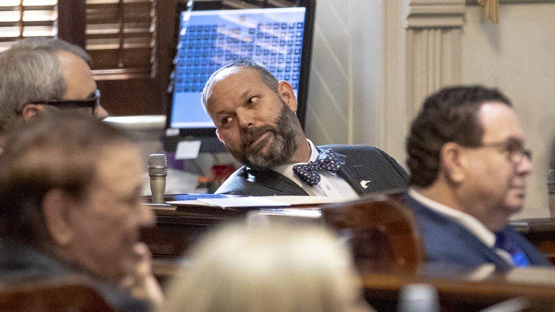 Ways and Means Committee Chairman Brian White, R-Anderson, speaks to another member of the House of Representatives during a session at the South Carolina State House Tuesday Dec. 4, 2018, in Columbia, SC.